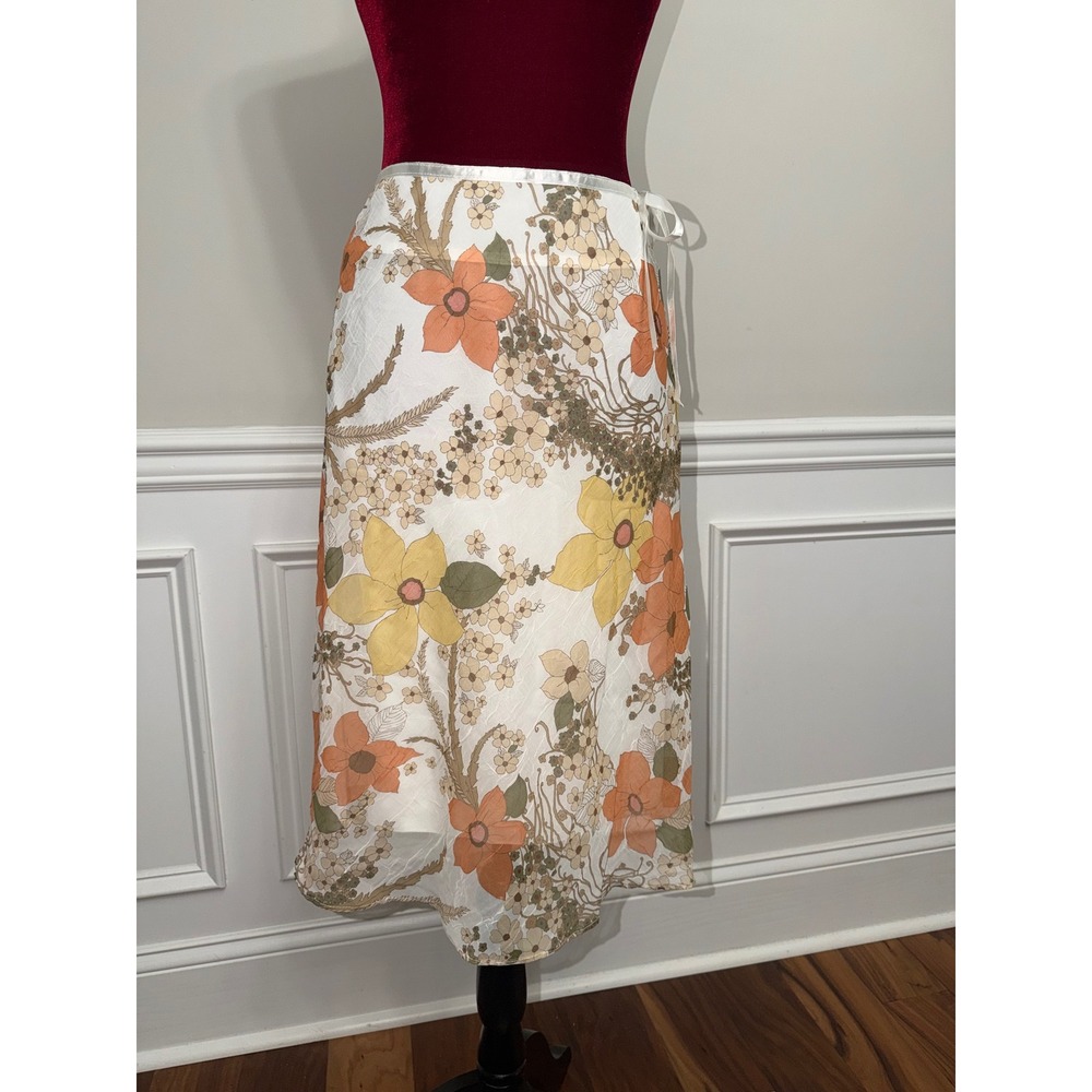 Vintage Korean Fashion Floral Midi Skirt‎ Chiffon Crinkle Orange Yellow Size 55